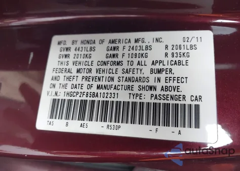 2011 Honda Accord 2.4 Ex-L from USA, damaged, VIN 1HGCP2F85BA102331